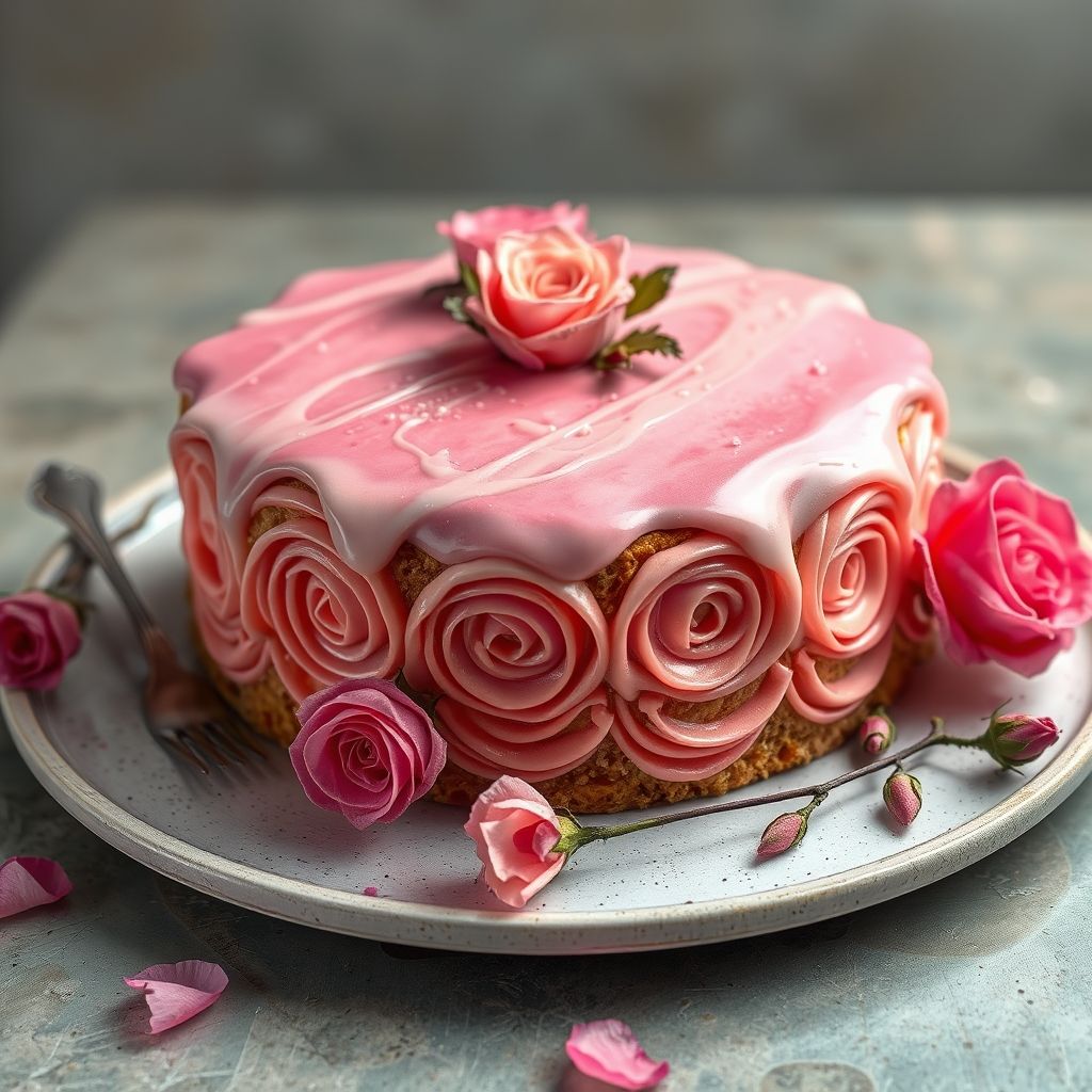 Un gâteau à plusieurs couches aux nuances roses douces, décoré de glaçage finement travaillé avec des roses et volutes. Chaque couche alterne biscuit et crème, offrant une texture délicate. Présenté sur une assiette ronde avec un tissu rose pastel à côté, l’ensemble évoque une ambiance festive et chaleureuse, idéale pour célébrer un moment unique.