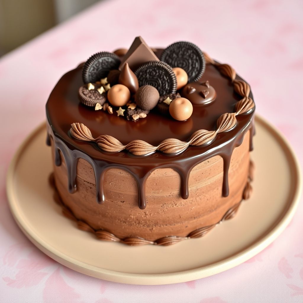 Un gâteau au chocolat riche, nappé de ganache brillante qui coule sur les côtés, décoré d’un assortiment gourmand comprenant cookies Oreo, barres et plaques de chocolat artistiques. Présenté sur une assiette beige clair, avec un fond rose pastel, il offre un visuel élégant et raffiné. Des petites pépites et confiseries ajoutent une touche festive, parfaite pour une occasion spéciale.