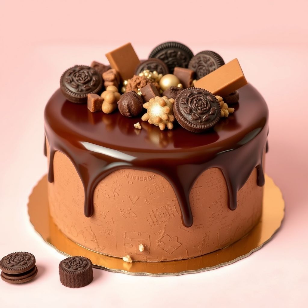 Un gâteau au chocolat riche, nappé d'une ganache brillante qui coule délicatement sur les côtés, décoré d’éléments chocolatés gourmands comme cookies Oreo, barres et plaques artistiques. Sur un fond rose pastel doux, la présentation est élégante et festive, évoquant une expérience de dégustation raffinée.